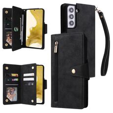Per Samsung Galaxy S22+ Cannome di fibbia Rivet 9 Fold Case di telefono in pelle (nero)
