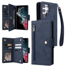 Per Samsung Galaxy S22 Ultra 5G Fibbia Rivet Fibbia 9 carte Tre Pieghe Custodia in pelle (blu)