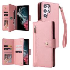 Per Samsung Galaxy S22 Ultra 5G Rivet fibbia 9 carte custodia per telefono in pelle a tre pieghe (oro rosa)