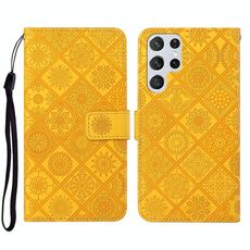 Per Samsung Galaxy S22 Ultra 5G Ethnic Style Excreated Pattern Pelle Telefono (Yellow)