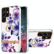 Per Samsung Galaxy S22 Ultra 5G Ring IMD Flowers TPU Telefono (viola begonia)