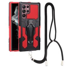 Per Samsung Galaxy S22 Ultra 5G Lanyard Mecha Armor Kickstand PC + TPU Telefono (Red)