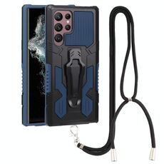 Per Samsung Galaxy S22 Ultra 5G Lanyard Mecha Armor Kickstand PC + Telefono TPU (blu)