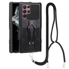 Per Samsung Galaxy S22 Ultra 5G Lanyard Mecha Armor Kickstand PC + TPU Telefono (Black)