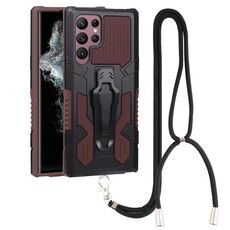 Per Samsung Galaxy S22 Ultra 5G Lanyard Mecha Armor Kickstand PC + TPU Telefono (Brown)