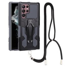 Per Samsung Galaxy S22 Ultra 5G Lanyard Mecha Armor Kickstand PC + Telefono TPU (Grey)