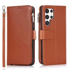 Per Samsung Galaxy S22 Ultra 5G Case in pelle a flip orizzontale in microfibra (marrone)