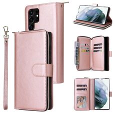 Per Samsung Galaxy S22 Ultra 5G 9 Slot Carni Casina Wallet Casella del telefono (Oro rosa)
