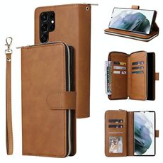 Per Samsung Galaxy S22 Ultra 5G 9 Slot Carni Casina Wallet Casella di telefono (Brown)