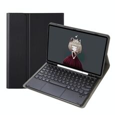 YA08B-A Tensione di texture a Lambsino Tensione rotonda KeyCap Bluetooth Case in pelle bluetooth con touchpad per Samsung Galaxy Tab A8 10.5 2021 SM-X200 / SM-X205 (Black)