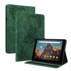Per Amazon Kindle Fire HD 10 2019/2017 Casetto in pelle in pelle in rilievo a farfalla (verde)