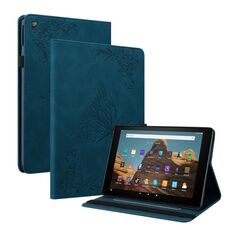 Per Amazon Kindle Fire HD 10 2019/2017 Casetto in pelle in pelle in rilievo a farfalla (blu)