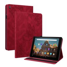 Per Amazon Kindle Fire HD 10 2019/2017 Casetto in pelle in pelle in rilievo a farfalla (rosso)