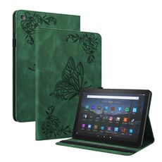 Per Amazon Kindle Fire HD 8 2018/2017/2016/2015 Casetto in pelle in pelle in rilievo a farfalla (verde)
