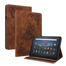 Per Amazon Kindle Fire HD 8 2020 Casetto in pelle in pelle in rilievo a farfalla (marrone)