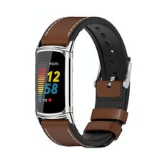Per Fitbit Charge5 Mijobs TPU + Watch Band in pelle (Brown + Silver)
