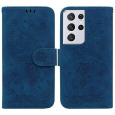 Per Samsung Galaxy S21 Ultra 5G Butterfly Rose Excreated Leather Case (blu)