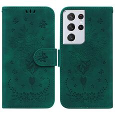 Per Samsung Galaxy S21 Ultra 5G Butterfly Rose Excreated Leather Case (verde)