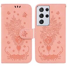 Per Samsung Galaxy S21 Ultra 5G Butterfly Rose Excreated Leather Case (Pink)