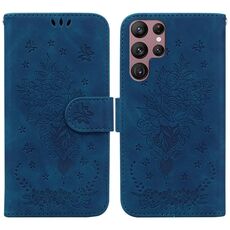Per Samsung Galaxy S22 Ultra 5G Butterfly Rose Excreated Leather Case (blu)