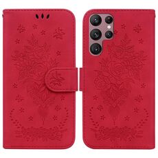 Per Samsung Galaxy S22 Ultra 5G Butterfly Rose Excreated Leather Case (Red)