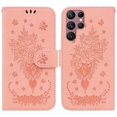 Per Samsung Galaxy S22 Ultra 5G Butterfly Rose Excreated Leather Case (Pink)