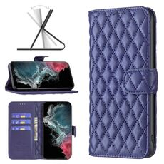 Per Samsung Galaxy S22 Ultra 5G Diamond Lattice Wallet Flip Phone Case (blu)