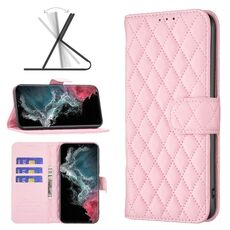 Per Samsung Galaxy S22 Ultra 5G Diamond Lattice Wallet Flip Phone Case (rosa)