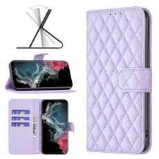 Per Samsung Galaxy S22 Ultra 5G Diamond Lattice Wallet Flip Phone Case (Purple)