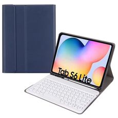 Custodia in pelle per tastiera Bluetooth con cappuccio rotondo con slot per penna, senza touchpad per Samsung Galaxy Tab S7 (tastiera blu scuro + bianca)