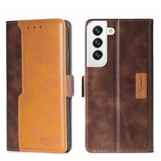 Per Samsung Galaxy S22+ Custodia per telefono in pelle con fibbia laterale a contrasto (marrone scuro + oro)