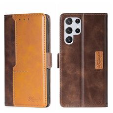 Per Samsung Galaxy S22 Custodia per telefono in pelle con fibbia laterale a colori ultra contrastanti (marrone scuro + oro)