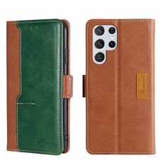 Per Samsung Galaxy S22 Custodia in pelle con fibbia laterale a colori ultra contrastanti (marrone chiaro + verde)