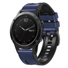 Per Garmin Fenix 7X cinturino in silicone + pelle a sgancio rapido (blu scuro)