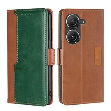 Per Asus Zenfone 9 Custodia per telefono in pelle con fibbia laterale a contrasto (marrone chiaro + verde)
