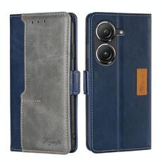 Per Asus Zenfone 9 Custodia per telefono in pelle con fibbia laterale a contrasto (blu + grigio)