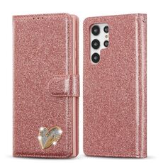 Per Samsung Galaxy S22 5G Custodia per telefono in pelle con polvere glitterata (rosa)