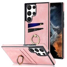 Per Samsung Galaxy S22 Ultra 5G Custodia in pelle vintage patch con supporto ad anello (rosa)