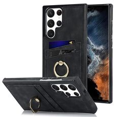 Per Samsung Galaxy S22 Ultra 5G Custodia in pelle vintage patch con supporto ad anello (nero)