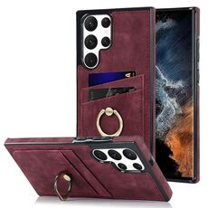 Per Samsung Galaxy S22 Ultra 5G Custodia in pelle vintage patch con supporto ad anello (rosso)