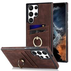Per Samsung Galaxy S22 Ultra 5G Custodia in pelle vintage patch con supporto ad anello (marrone)