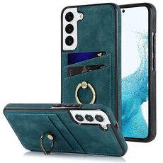 Per Samsung Galaxy S22 5G Custodia in pelle vintage patch con supporto ad anello (blu)