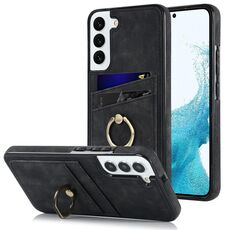 Per Samsung Galaxy S22 + 5G Custodia in pelle vintage patch con supporto ad anello (nero)