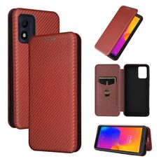 Per Alcatel 1B 2022 Custodia per cellulare in pelle con struttura in fibra di carbonio (marrone)
