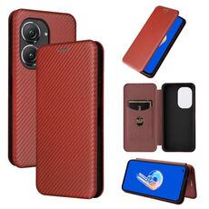 Per Asus Zenfone 9 Custodia per cellulare in pelle con struttura in fibra di carbonio (marrone)