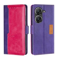 Per Asus Zenfone 9 Custodia per telefono in pelle con fibbia laterale a contrasto (viola + rosa rossa)