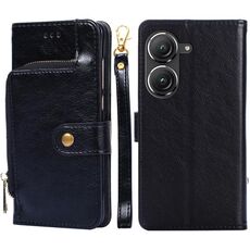 Per Asus Zenfone 9 Case di telefono in pelle con la borsa con cerniera (nero)
