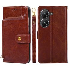 Per Asus Zenfone 9 Borsa con cerniera Custodia in pelle per telefono (marrone)