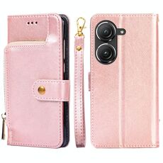 Per Asus Zenfone 9 Borsa con cerniera Custodia in pelle per telefono (oro rosa)