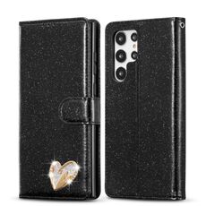 Per Samsung Galaxy S22 + 5G Custodia per telefono in pelle con polvere glitterata (nera)
